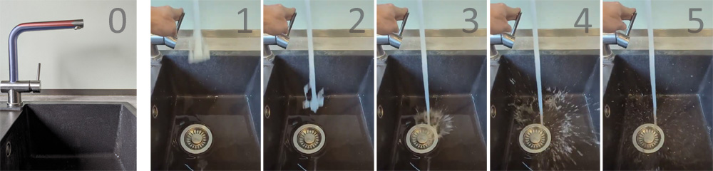 Zeitlupenbilder von Wasserstarshl aus Küchenarmatur. Bild zeigt, wie die Spüle spritzt. Eine perfekte Küche sollte das vermieden.