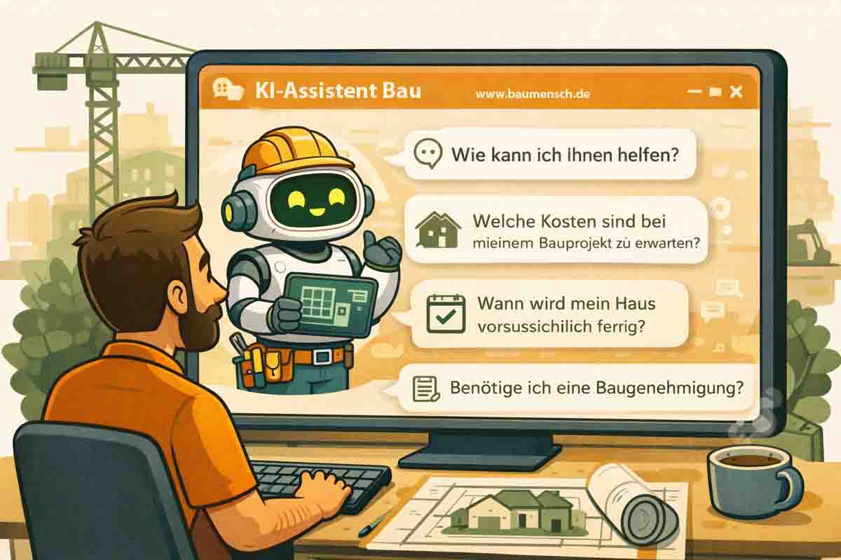 Ein Mann sitzt vor eine Monitor. Er hat die Webseite KI-Assistent von Baumensch geöffnet und tippt Fragen in die Tastatur ein. Neben ihm liegt eine Bauzeichnung.